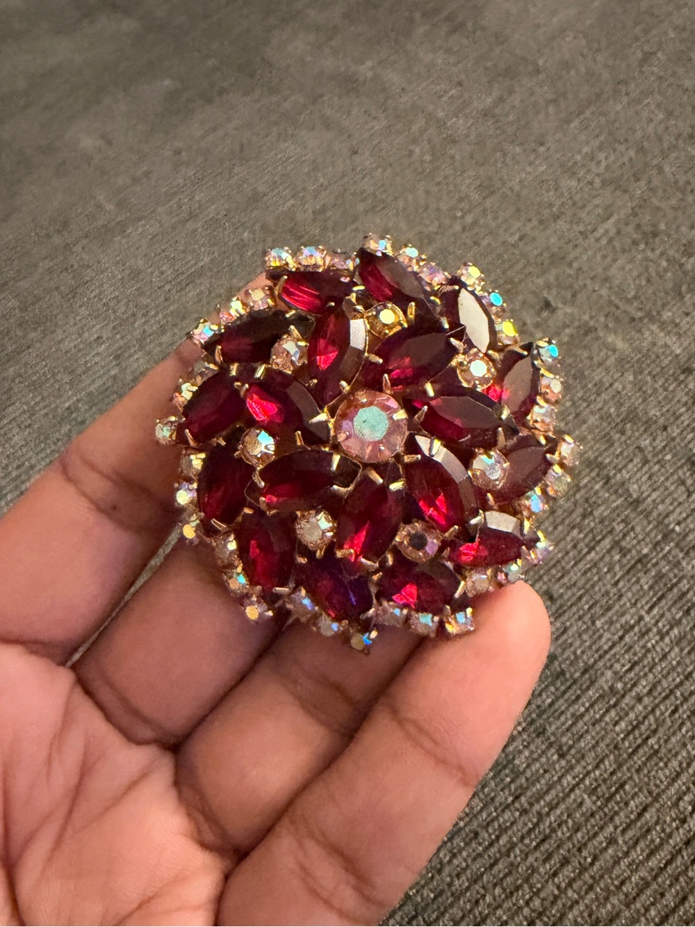 Vintage Austrian Crystal Ruby Red & Aurora Borealis Rhinestone Brooch